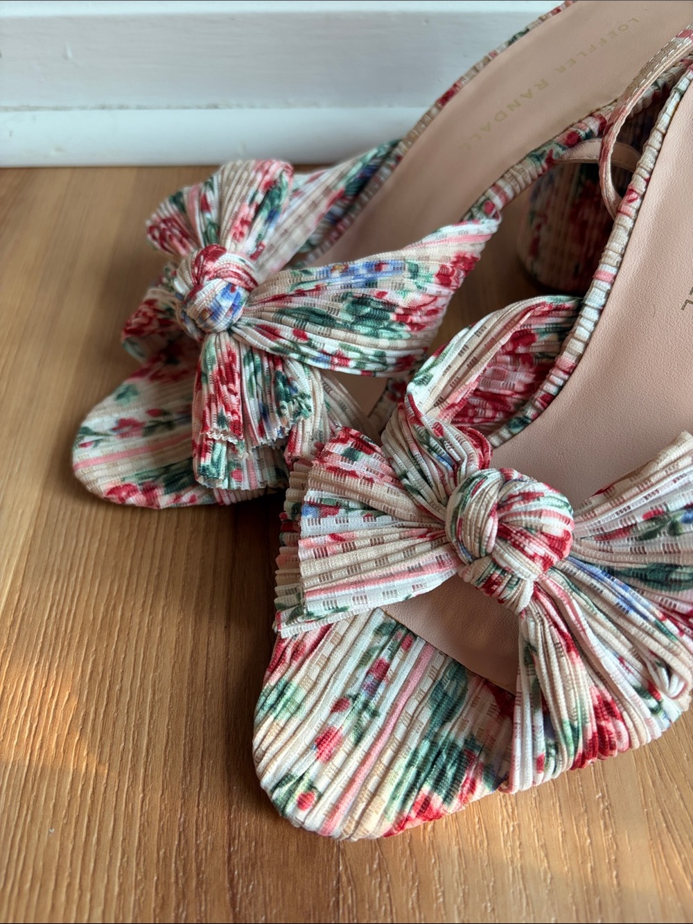 Loeffler Randall Camellia Pleated Bow Heel Sandals Floral Strappy - Picture 7 of 12